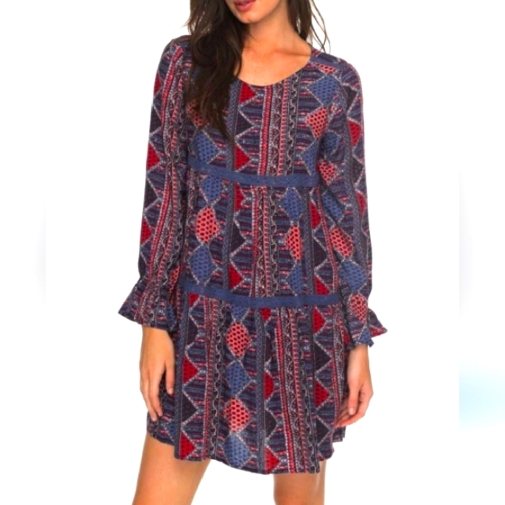 Roxy Sweetness Seas Patchwork Dress Long Sleeve Tiered Size Small Summer